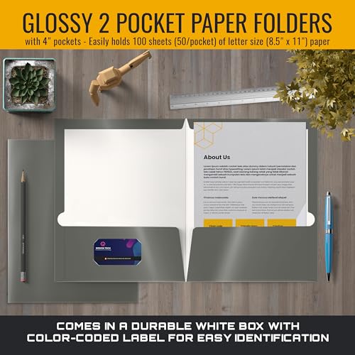 Image of Better Office Products 2 Pocket Glossy Laminated Gray Paper Folders, Box of 25, Letter Size, Gray Paper Portfolios, 25 Pack