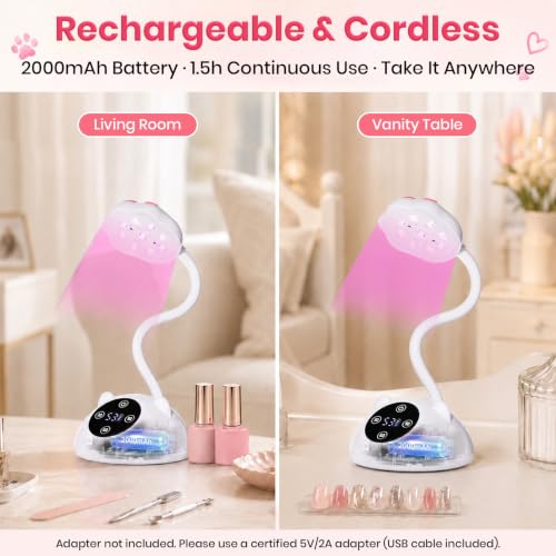 Image of Beetles Gooseneck Flash Cure Nail Lamp, Cordless 2000mAh UV Light MilkKitty | Rechargeable 36mW /cm Flash Cure Lamp 365nm+405nm Dual UV LED Light Source, Digital Display for Nail Tips Press on Nails