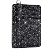 Coco Rossi Slim Front Pocket Wallet RFID ID Card Holder Cute Small Wallet with Keychian for Women,Black Glitter