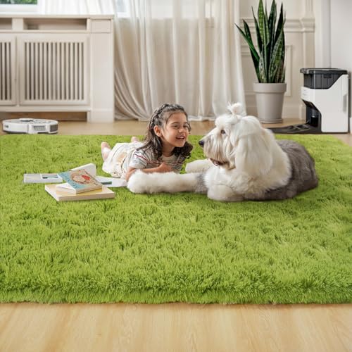 Green Rug for Bedroom, 3x5 Fluffy Area Rugs for Kids Playroom, Furry Carpet for Nursery Room, Shaggy Rug for Teen Living Room, Thick Fuzzy Plush Rug for Dorm, Cute Room Decor for Baby