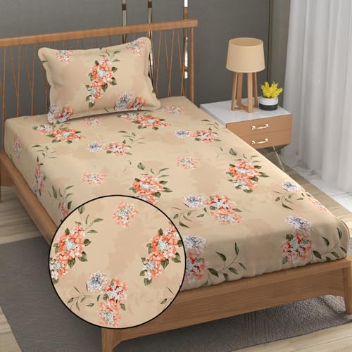 Image of Fresh From Loom Hypoallergenic Floral Print Single Bed Bedsheet with 1 Pillow Covers - Microfiber, 240 TC (60 x 90 inch| Beige, Floral Design)