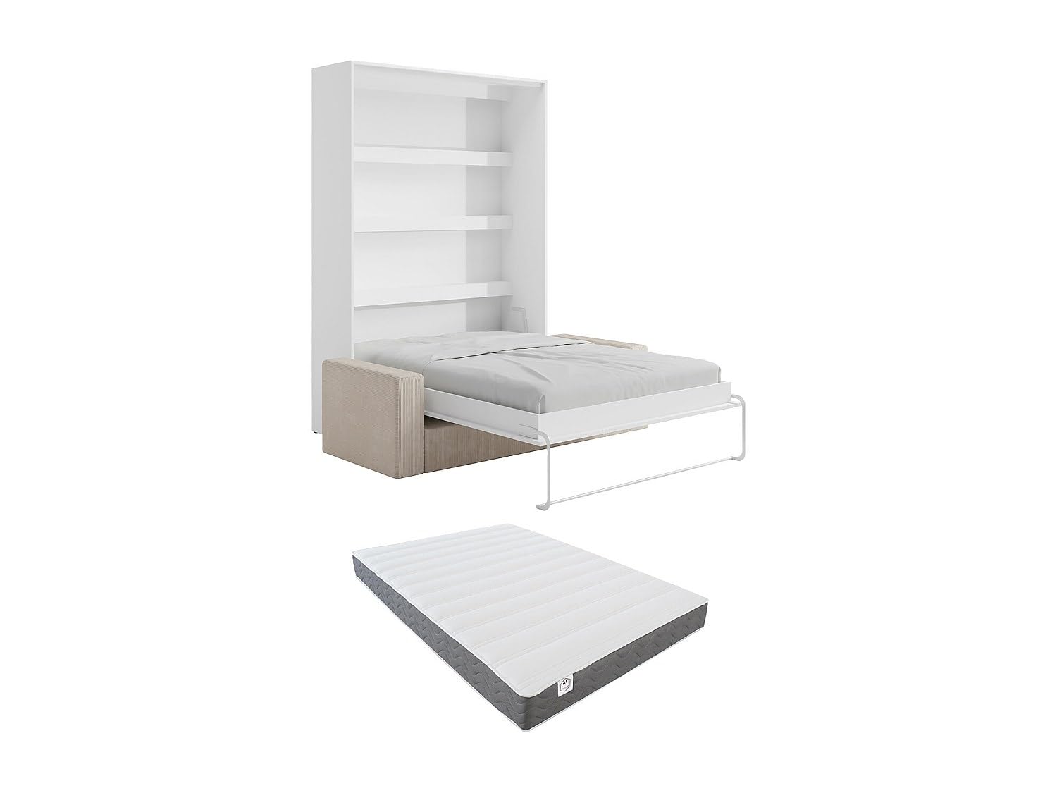 Vente-unique - Lit escamotable 140 x 200 cm - Ouverture Verticale Manuelle - avec LEDs - Blanc + Matelas + Canapé - RAPILI