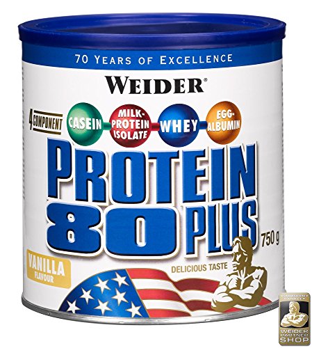 WEIDER Protein 80 Plus Eiweißpulver, Erdbeer, Low-Carb, Mehrkomponenten Casein Whey Mix für Proteinshakes, 750g