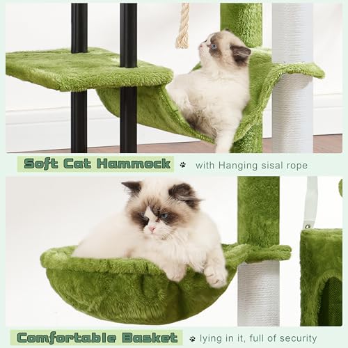 Image of Gitelsnour Cat Tree, 43.3'' Cat Tower with Hammock for Kittens GCT004SGR | Cat Condo House for Small Indoor Cats, Basket, Scratching Post, Large Platform, Sturdy Steel Tube, Sisal Rope, Green