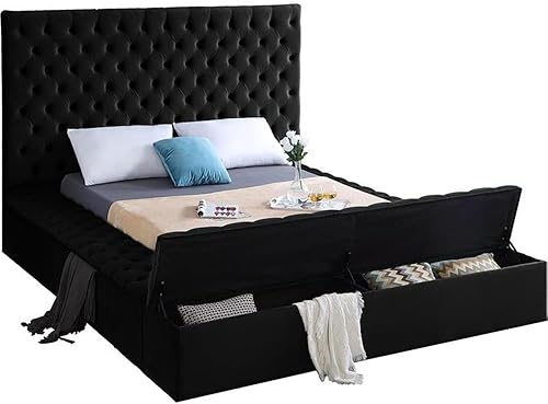 Miniatura 4 de Colección moderna Meridian Furniture Bliss, cama tapizada de terciopelo contemporánea con acolchado de botón profundo y compartimentos de Negro
