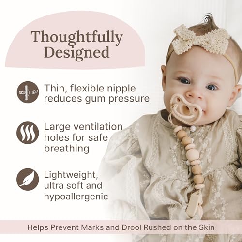 Image of Orthodontic Silicone Pacifiers (Set of 2) - 100% Food-Grade, One-Piece Design, Soft Orthodontic Nipple, Airflow Shield, Multi-Use Pacifier & Soother for 0+ Months - Hazel /Beige - Mila & Lulu