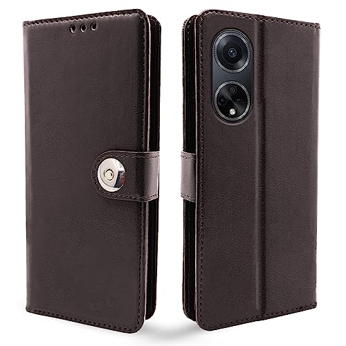 Image of Pikkme Oppo F23 5G Flip Cover Leather Finish | Inside TPU with Card Pockets | Wallet Stand and Shock Proof | Complete Protection Button Flip Case (Coffee)