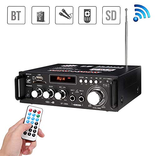 JIASHU Sistema de Amplificador de Audio para el hogar Profesional Bluetooth - Receptor estéreo de Potencia de Sonido de Audio de 600 w con USB, Micro SD, Auriculares, 2 entradas de micrófono con Eco