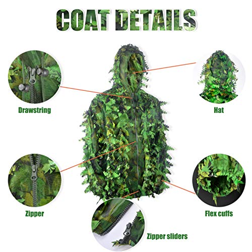 3D Leaf Ghillie Suit Ghillie Jackets and Pants Camouflage Clothing Hooded Hunting Suits for Children Youth Adult Airsoft Paintball Shooting Airsoft Wildlife Photography Halloween (Medium, Green)
