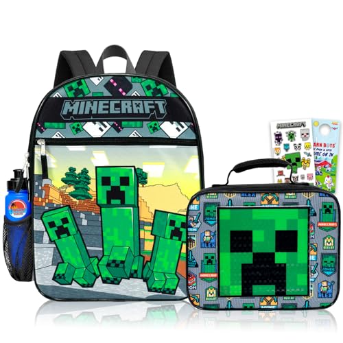 Minecraft Mochila e lancheira para crianças, meninos – Pacote com mochila creeper de 40,6 cm com lancheira isolada e adesivos, garrafa de água e mais | Conjunto de mochila escolar Minecraft