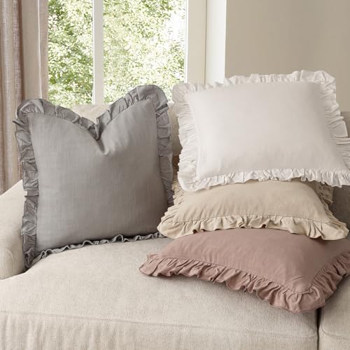 Image of Foindtower Set of 2 Decorative Linen Fringe Ruffle Throw Pillow Covers Soft Boho Farmhouse Cushion Cover Cozy Accent Retro Pillowcase for Couch Sofa Bed Living Room Home Decor,18x18 Inch,Taupe Gray