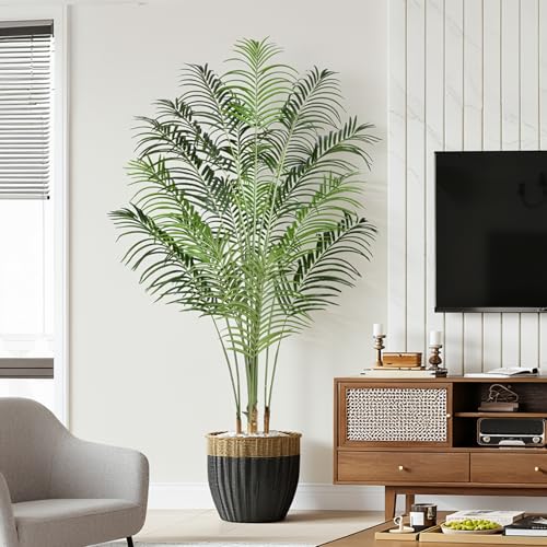 Image of 6.5ft Artificial Palm Tree - 195cm Tall Fake Areca Palm Plant with 18 Leaves and Realistic Bark Design - Faux Tropical Plants with Pot Perfect for Indoor Home, Living Room, or Bedroom Decor
