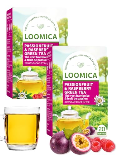 Image of LOOMICA Passionfruit Raspberry Green Tea, Fruity Sweet-Tart Blend of Passion Fruit & Raspberry and Green Tea, Refreshing & Tropical, Hot or Iced, Antioxidant-Rich, No Artificial Sugar, 20 Counts (Pack of 2)