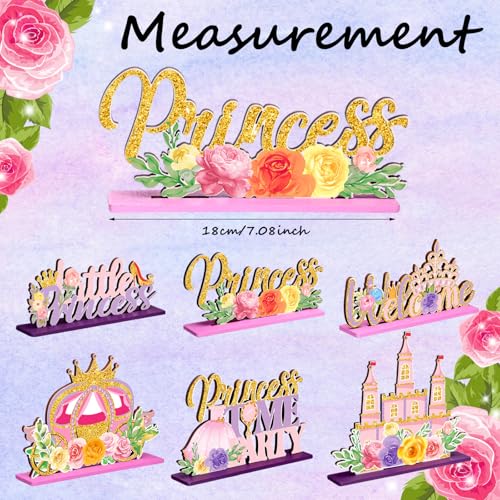 Image of 6 Pcs Princess Party Centerpieces Floral Wooden Princess Theme Table Decorations Castle Crown Carriage Pink Gold Topper Decors for Girls Birthday Spring Party Flower Baby Shower Home Indoors