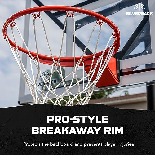 Image of Silverback Height Adjustable In-Ground Basketball Hoop with Tempered Glass Backboard, Pro-Style Breakaway Rim, Pole and Backboard Pad