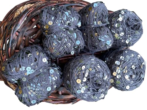 Grey Royal Double Sequins Cotton Yarn, 10 Yards for Nuno Felting, Knitting, Set for Craft, Art Yarn, 6mm & 3mm Sequins Cotton Yarn