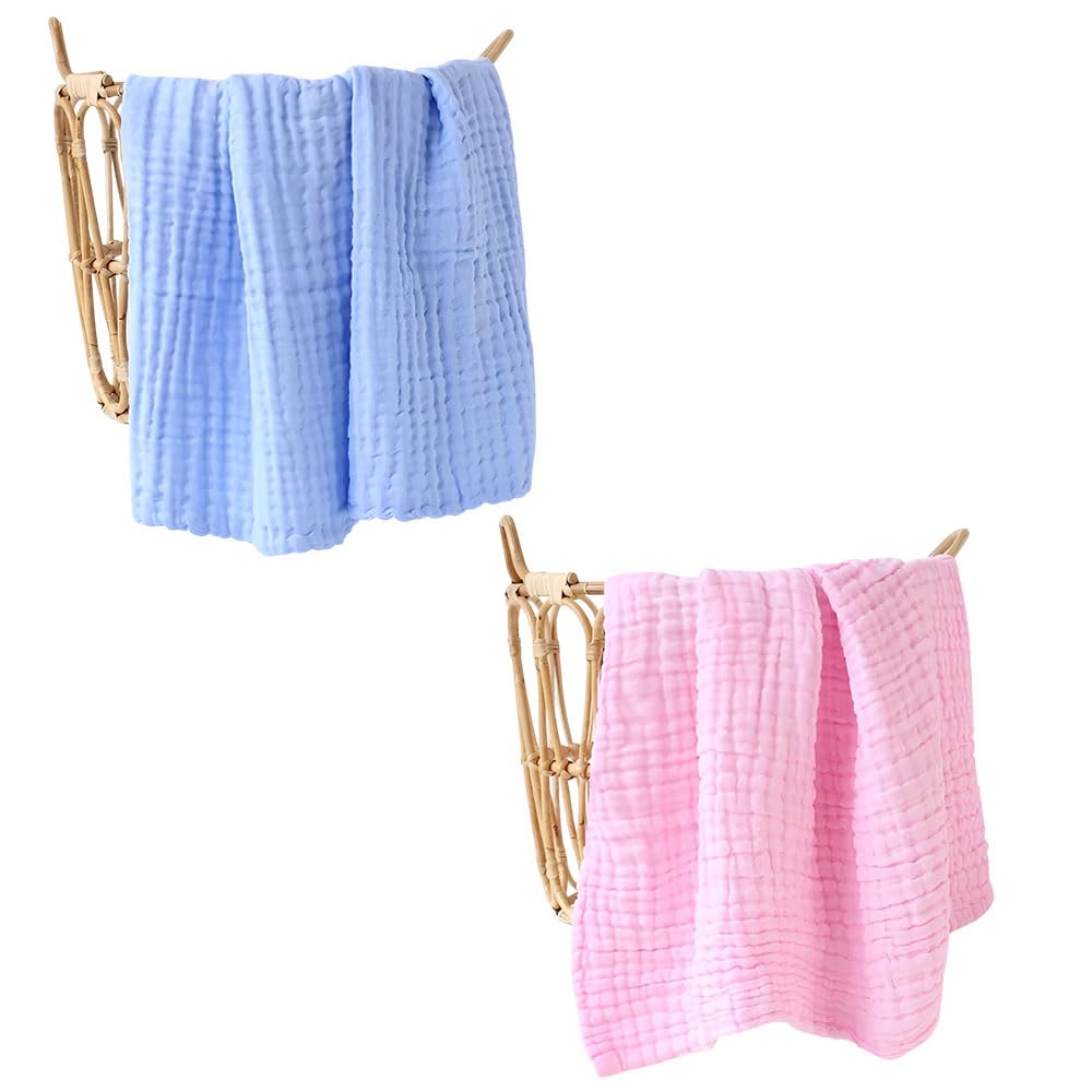 JUST GOODS Organic 100% Cotton Muslin Baby Bath Towel - Super Absorbent, Extra Soft, Eco-Friendly, Multi-Use for Newborns, Infants, Kids Boys & Girls | Combo Pack of 2, Blue + Pink Towel-picture-20