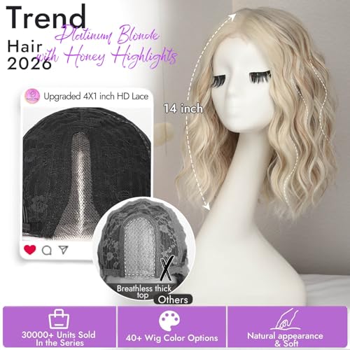 Image of Eawwii Wigs for Women Platinum,Short Wavy Synthetic Lace Wig | Blonde Honey Highlights Glueless 4x1 Lace Hairline, Heat-Resistant,Bob Wave,Natural Appearance for Everyday Cosplay 14 Inch