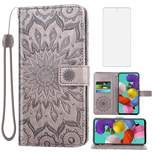 Phone Case for Samsung Galaxy A51 4G Wallet Cases with Tempered Glass Screen Protector and Leather Flip Cover Card Holder Stand Cell Accessories Glaxay A 51 Gaxaly M40S 51A A515F S51 Women Men Gray