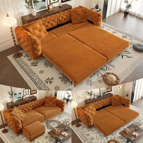 Image of KCGKCG 97.7 inch Sleeper Sofa Bed, Velvet Sectional Couches for Living Room /Bedroom, 3 in 1 Pull Out Couch Bed, Convertible Sectional Couch loveseat Sofa with Movable Ottoman, Orange
