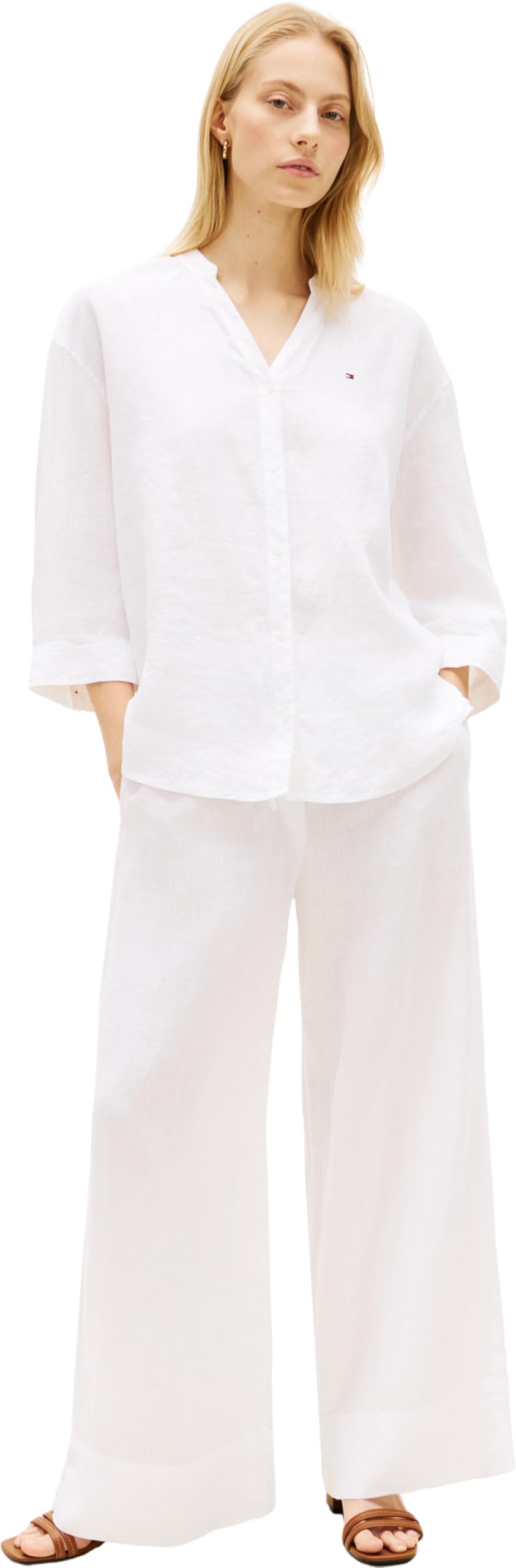 Tommy Hilfiger Ess Linen Collarless Shirt Ww0ww48926 Camicia L/S Donna (Pacco da 1)