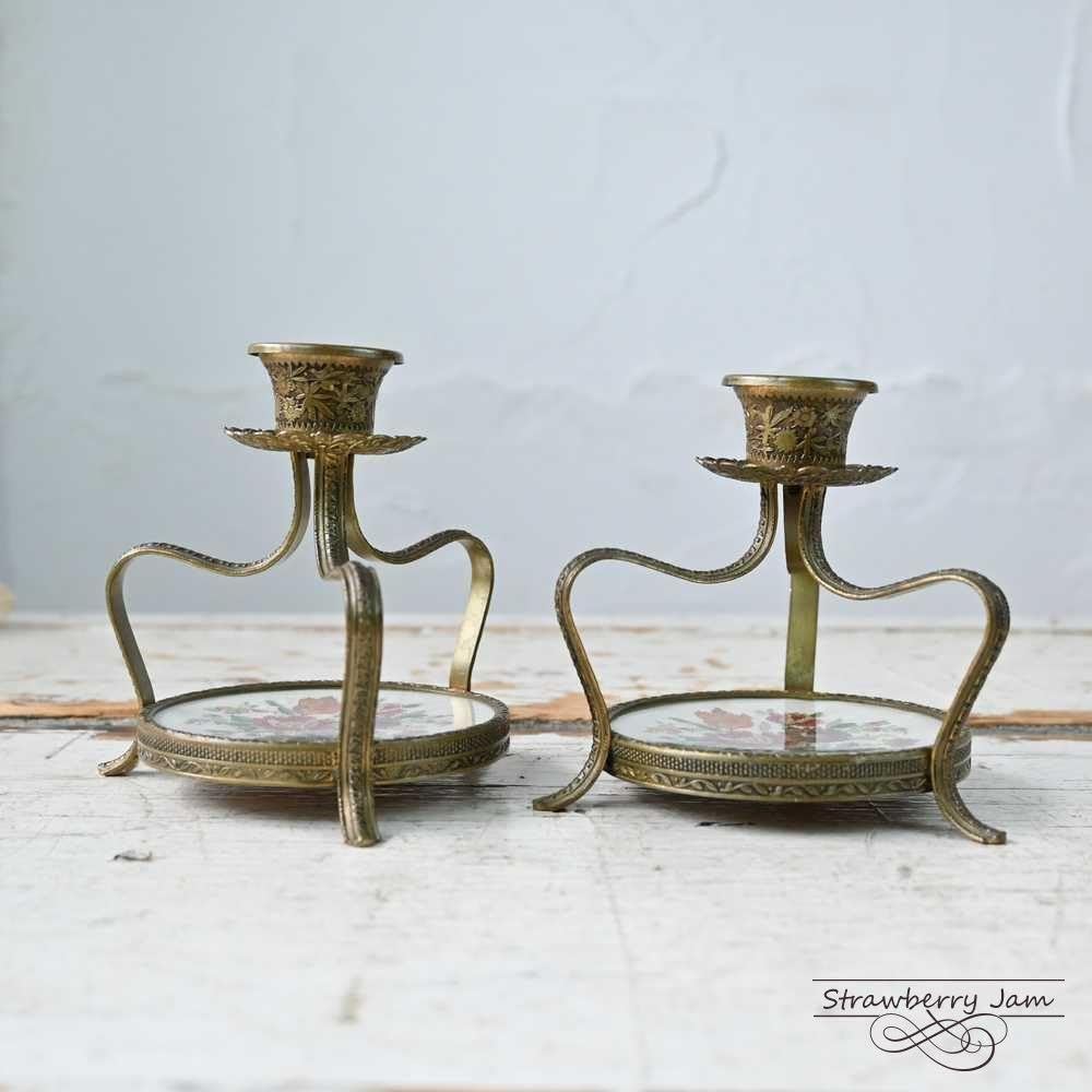 イギリス アンティーク プチポワン キャンドルスタンド ペア イギリス