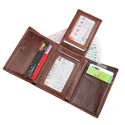 MensTrifold Wallet RFID Card Holder Leather Card Case Compact Purse Extra Capacity (Brown)