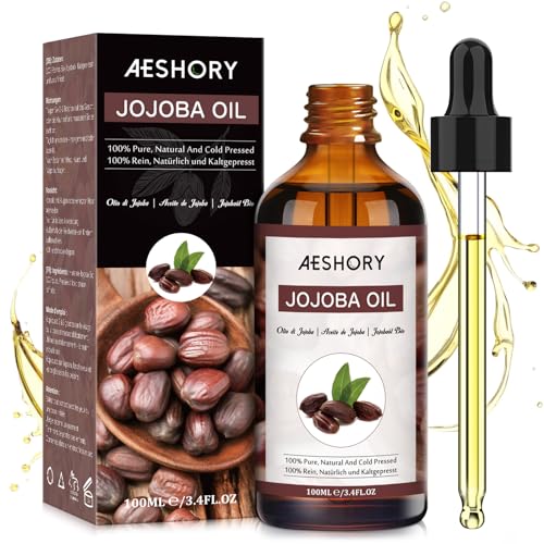 AESHORY Aceite de Jojoba Puro 100ML, Aceite Prensado en Frío Vegano 100% Natural - Rico en Ácidos Grasos Insaturados, Vitamina para Hidratación de Cara, Cuerpo, Cabello y Uñas, Eliminar el Acné