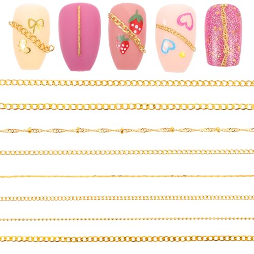 Xinjoduz 8 PCS Gold Charms for Nails, 19.7 Inch Metal Nail Art Chain for Nails 3D Gold Nail Jewelry Charms Bling Nail Art Accessories for Women Manicure Decoration & DIY Making Nails(8 Style)