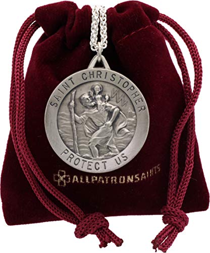 All Patron Saints Round Antiqued St. Christopher Necklace Medal Solid 925 Sterling Silver with Jewelry Gift Box - Can Be Personalized with Custom Engraving