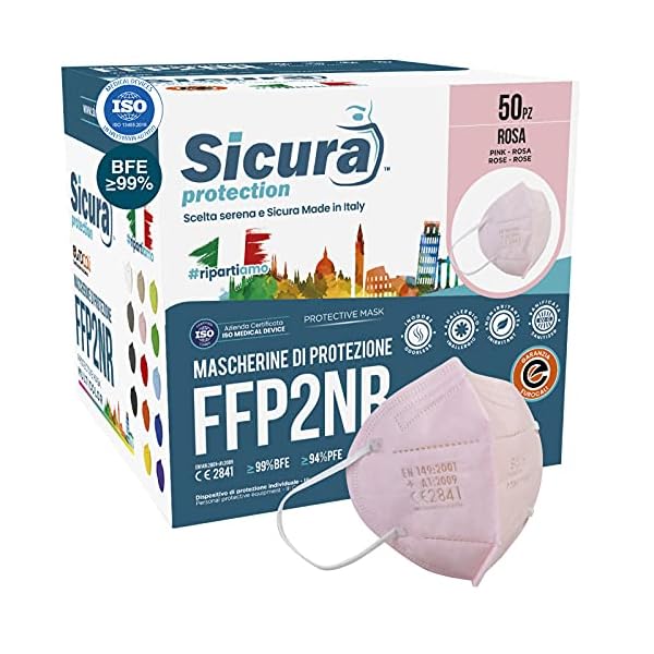 50 Mascherine FFP2 Colorata ROSA Certificate CE SICURA Protection BFE ≥