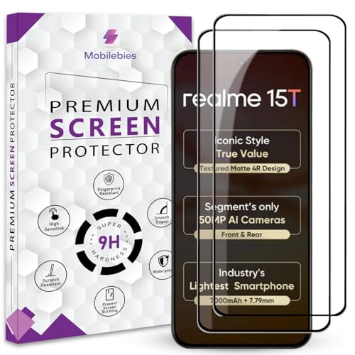 Image of Premium Tempered Glass Screen Protector Guard For Realme 15T 5G (6.57 Inch, Pack of 2) | HD Clear Edge to Edge Coverage With Easy to installation kit