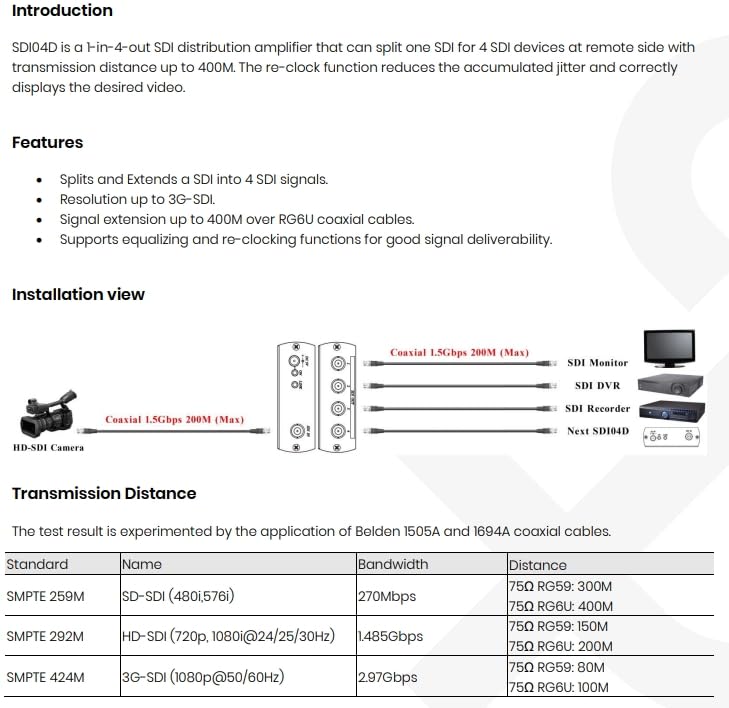 1 Input 4 Output HD-SDI Distribution Video Amplifier HD Signal Distance Total up to 1300Feet