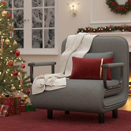 Fabulcozy Chauffeuse Canapé-lit Fauteuil Convertible Grand Confort Coussin Accoudoirs Métal 60L x 68I x 85H cm(Gris)