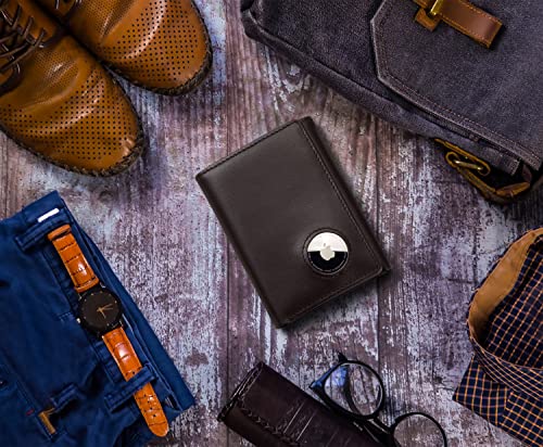 Stealth Mode Men's Leather Trifold Wallet with Airtag Holder and RFID Blocking (Coffee)3