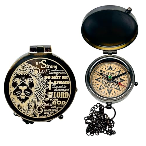 Be Strong and Courageous Antique Nautical Compass, Scripture Quote Engraved, Leather Box Gift