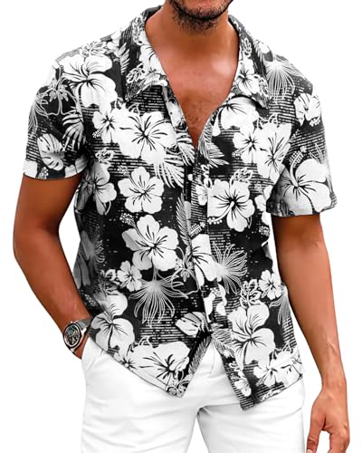 Fastkoala Hommes Chemise à Fleurs Hawaïennes Chemises Tropicales Plage Tops Holiday Summer Casual Button Down Noir L