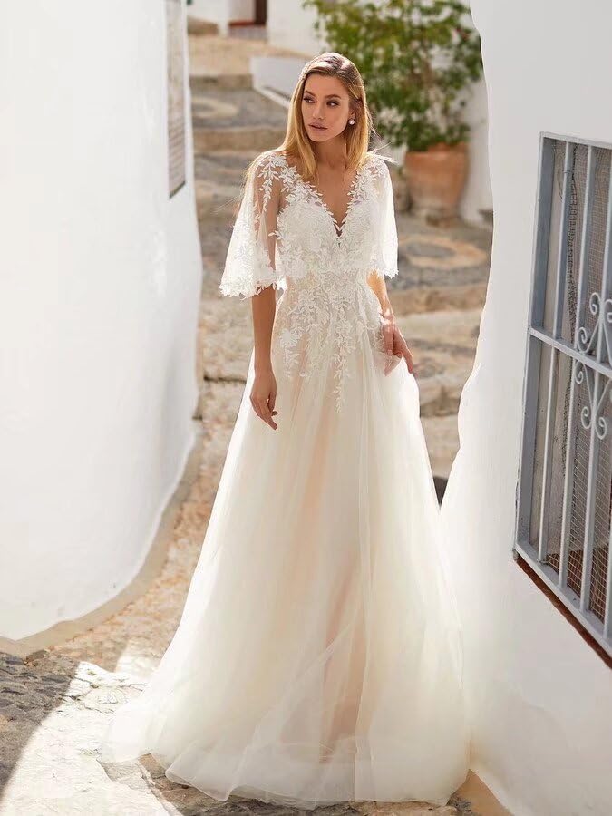 Dexinyuan Romantic Lace Wedding Dresses for Bride 2025 Half Sleeve Tulle A Line Beach Bohemian Bridal Gowns for Women4