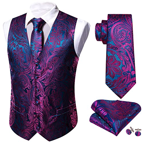 Image of Barry.Wang Men's Suit Vest Tie Bowtie Set Formal Silk Paisley Waistcoat Hanky Cufflinks Lapel Pin Set Wedding Party 7PCS