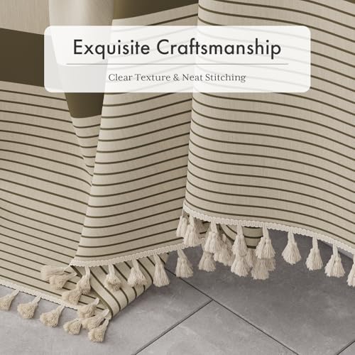 Image of AmazerBath Farmhouse Shower Curtain, Brown Shower Curtain Set with Tassels, Rustic Faux Linen Brown Striped Boho Shower Curtain with Hooks, Warm Tan Toned, 72x72 Inches
