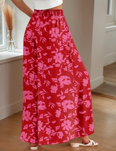 Women Casual High Waist Wide Leg Pants Summer Flowy Print Solid Long Palazzo Pants Lounge Beach Trousers with Pocket2