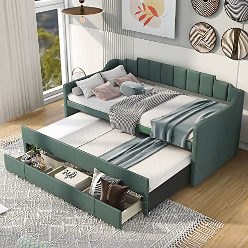 trundle bed with storage - Twin Upholstered Daybed with Twin Size Trundle and 3 Storage Drawers, Wood Sofa Bed for Living Room and Bedroom, Wood Slat Support, No Box Spring Needed, Green