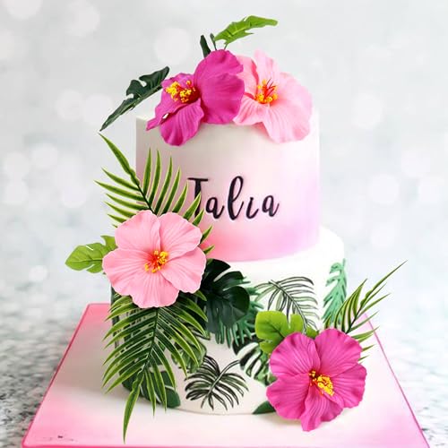 10PCS Artificial Hibiscus Flower Cake Toppers Hawaii Pink Hibiscus Cake Decors for Hawaii Theme Birthday Bridal Engagement Wedding Floral Cake Picks Summer Holiday Party Decoration