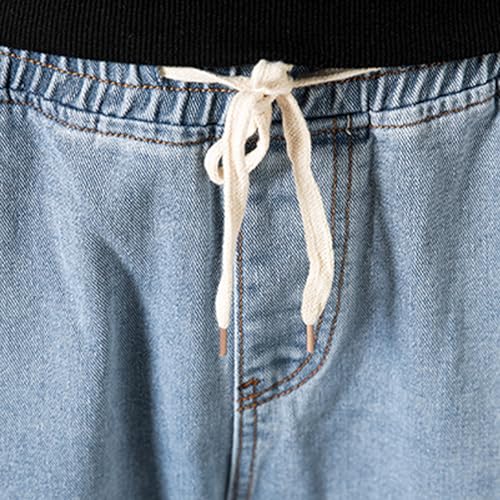 Men’s Casual Demin Pants Drawstring Elastic Waist Loose Fit Denim Pants Solid Washed Jeans Trousers with Pockets3
