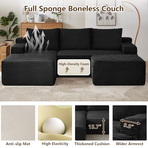 Image of 96 inch U-Shape Cloud Couch, Modern Modular Sectional L-Shape Sofa with Ottoman, Corduroy Upholstered Couches Deep Seat Sleeper Chaise Longue for Living Room, No Assembly Required(Black, Left Facing)