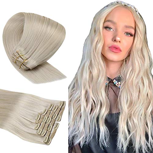 Sunny Hair Extensions Clip in Human Hair Ice Blonde 22inch Clip in Blonde Hair Extensions Natural #60 Blonde Hair Extensions Clip on Remy Hair 7pcs/100g