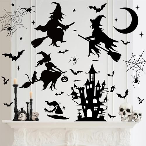 JarThenaAMCS Halloween Wall Stickers Black Witch Castle Spider Bat Wall Decals Removable Room Mural Stickers for Home Hocus Pocus Party Decor 11.8 x 13.8 Inch 8 Sheets