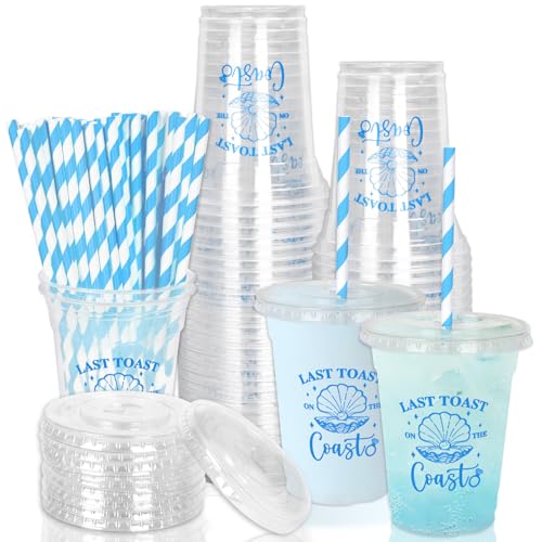 Whaline 50Pcs 12Oz Last Toast on The Coast Disposable Plastic Cups with Lids and Straws Blue Coastal Bachelorette Cold Beverage Drinking Cup for Beach Wedding Bridal Shower