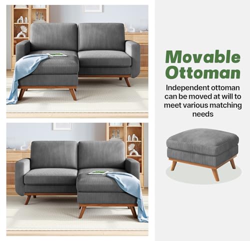 Image of Vesgantti 68 inch Loveseat Sofa with Movable Ottoman, Comfy Corduroy Couch with Spring Cushion, Sofa Couch with Solid Wood, Modern Office Sofa with Deep Seat for Living Room and Bedroom, Dark Gray