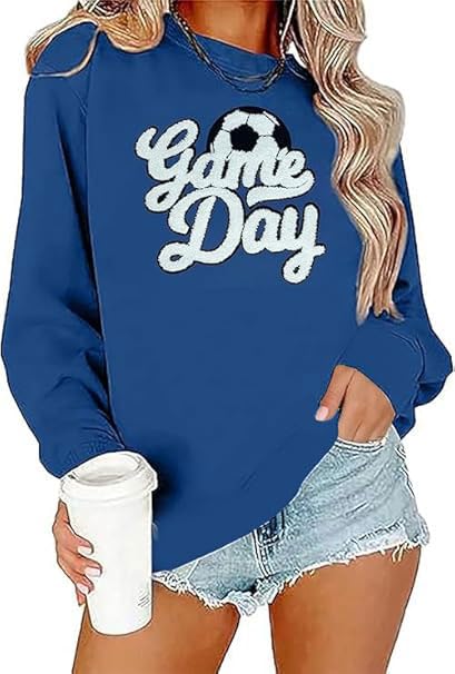 BINLANHANAT Game Day Soccer Sweatshirt Women Soccer Season Chenille Patch Pullover Top Causal Long...